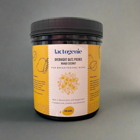Lactogenie overnight oats premix container with yellow label on a gray background